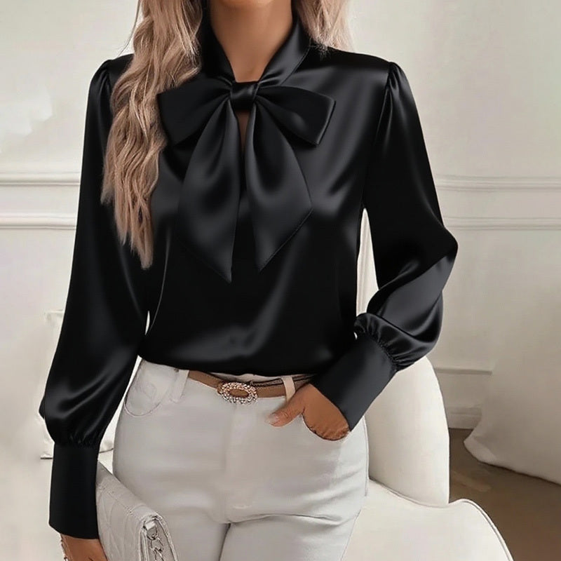 Women’s Satin Long Sleeve Bow-Tie Blouse – Solid Color Casual Top