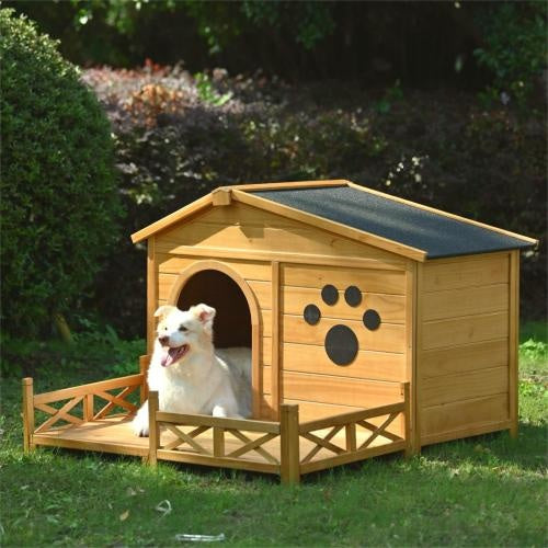 48" Wooden Outdoor Dog House with Porch & Waterproof Roof – Cozy Medium Pet Kennel with Fence
