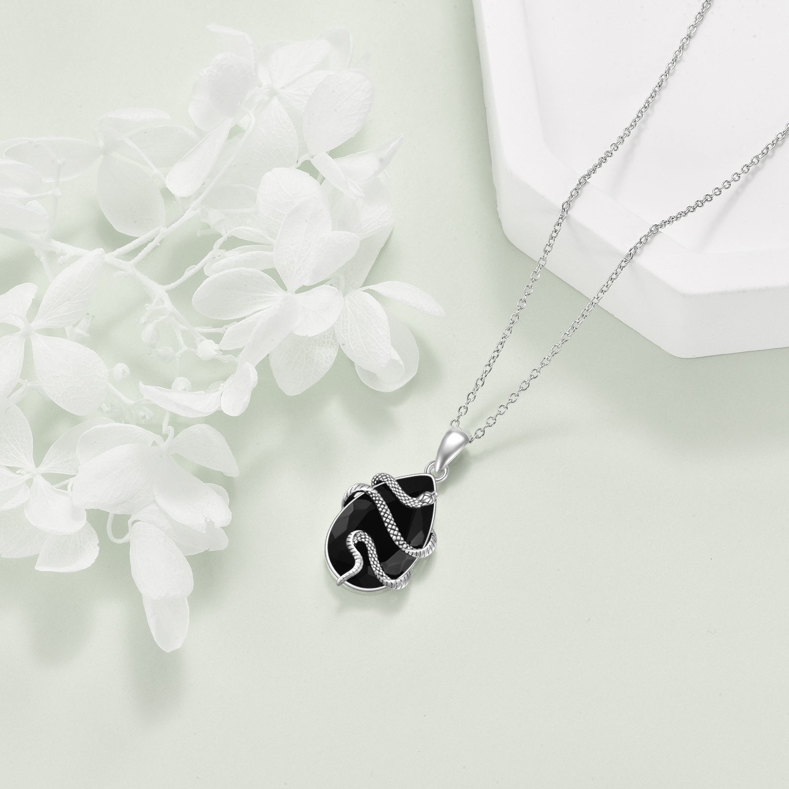 Sterling Silver Crystal Snake Necklace – Black Obsidian & Tourmaline