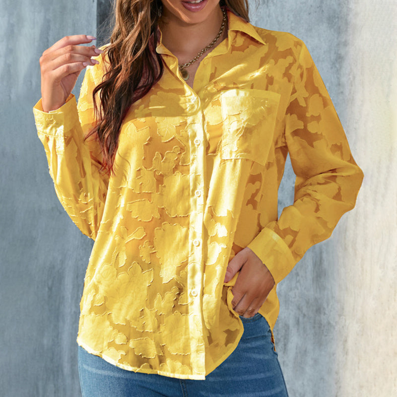 Women’s Sheer Jacquard Button-Down Shirt – V-Neck Long Sleeve Blouse