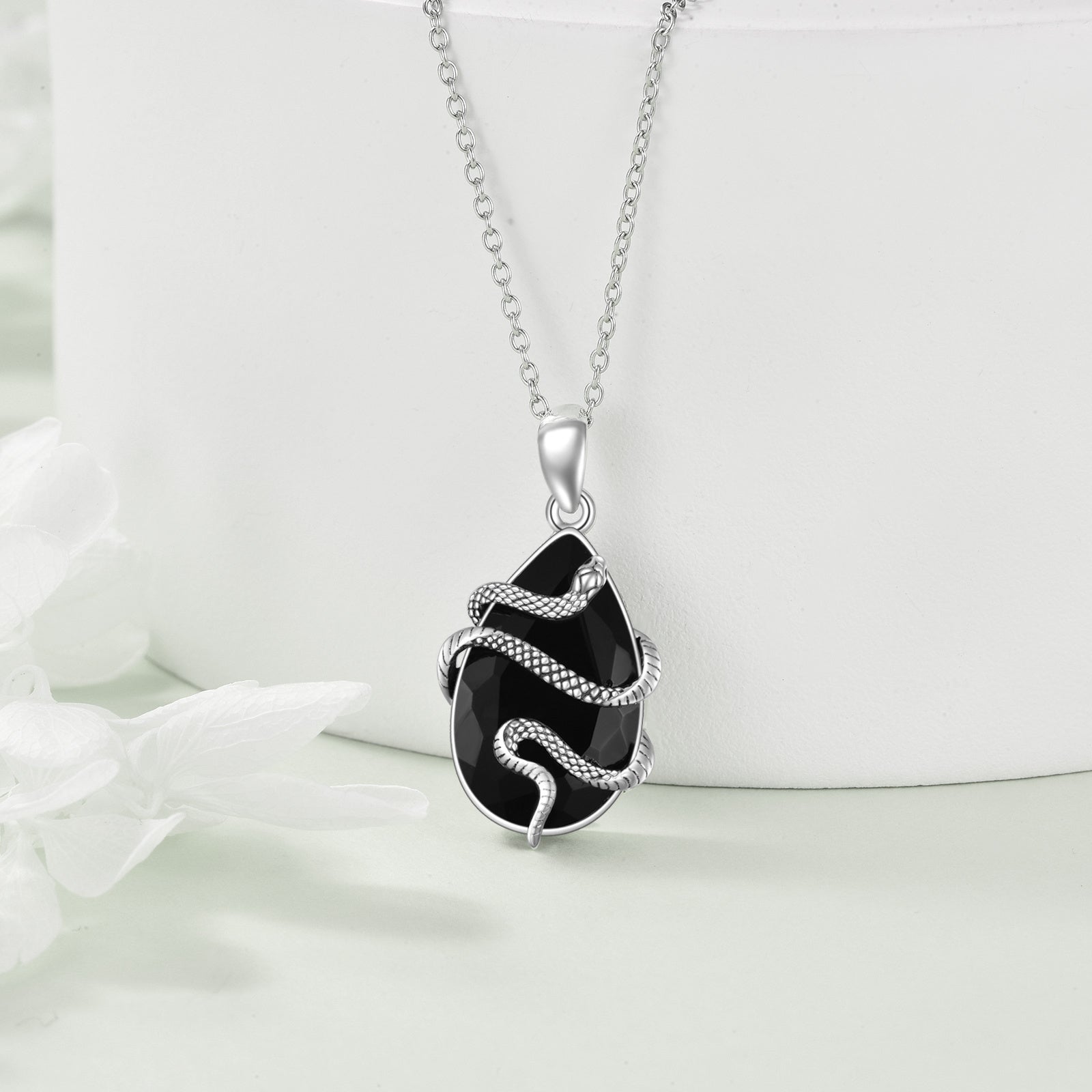 Sterling Silver Crystal Snake Necklace – Black Obsidian & Tourmaline
