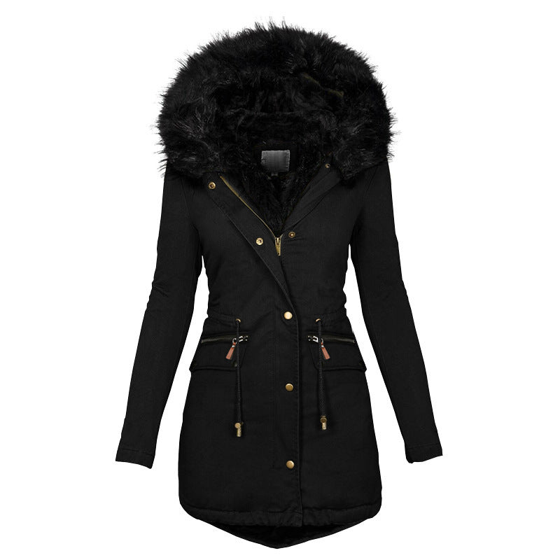 Plush Warm Hooded Parka – Women’s Thick Winter Zip-Up Mid-Length Coat