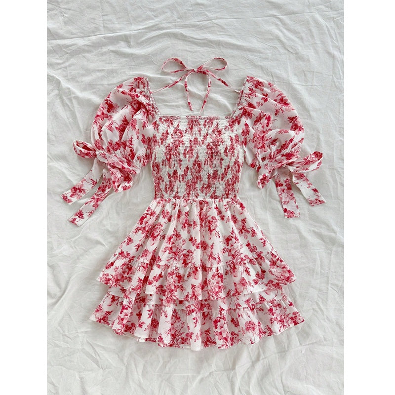 Women’s Puff Sleeve Floral Mini Dress – Square Neck Smocked Boho Ruffle Dress