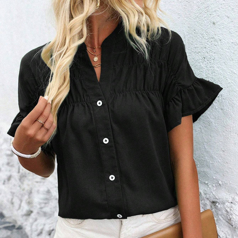 Women’s Ruffle Sleeve Summer Button-Down Blouse – Dressy V-Neck Work Top