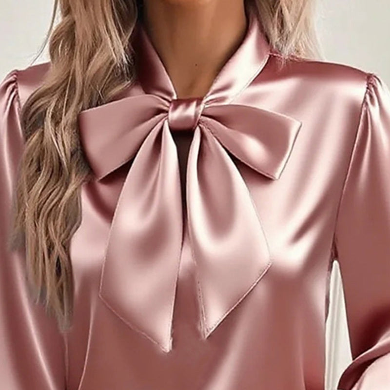Women’s Satin Long Sleeve Bow-Tie Blouse – Solid Color Casual Top
