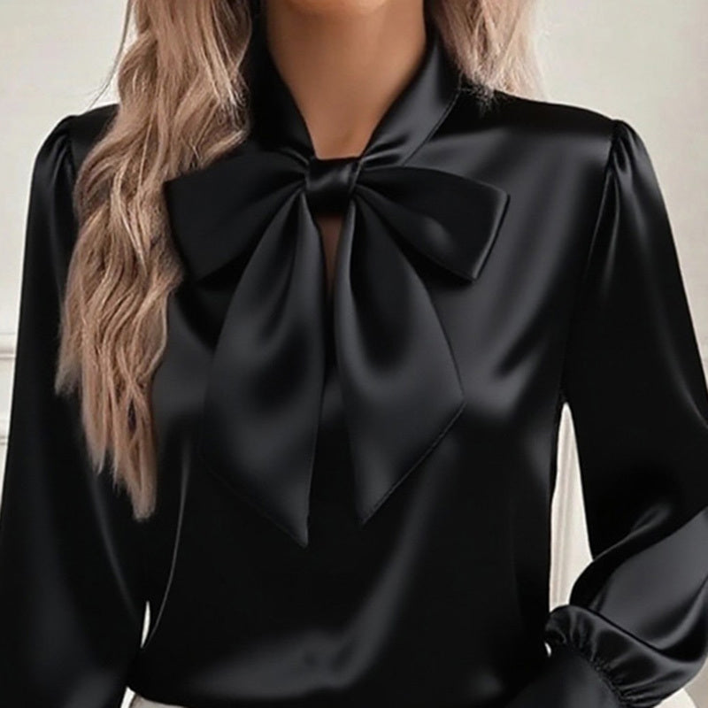Women’s Satin Long Sleeve Bow-Tie Blouse – Solid Color Casual Top