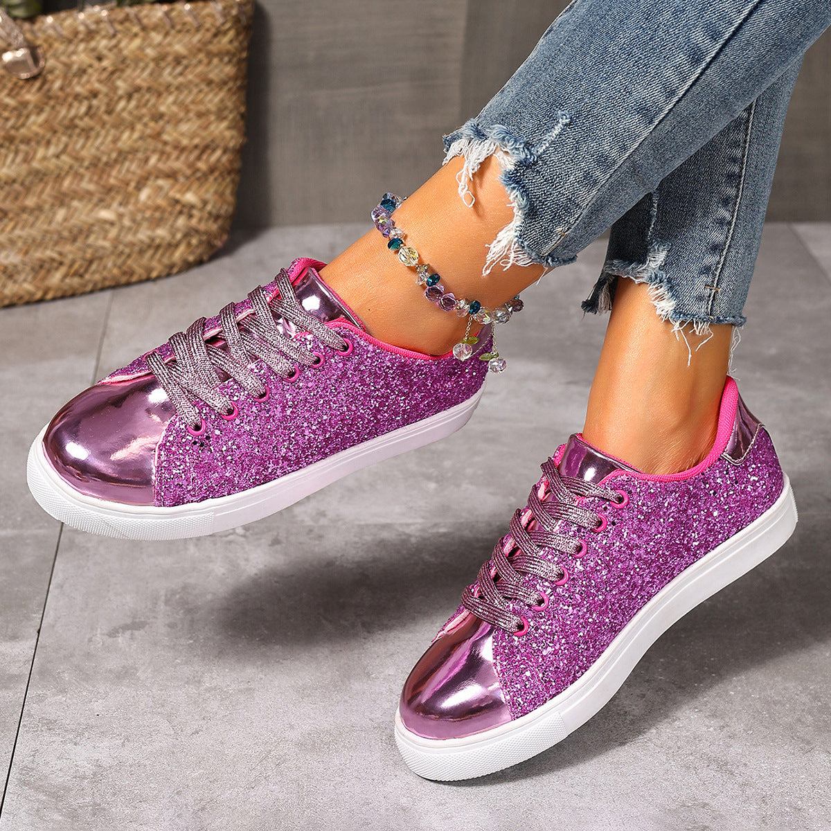 Women’s Plus Size Sequined Lace-Up Sneakers – Shiny Casual Solid Color Board Shoes