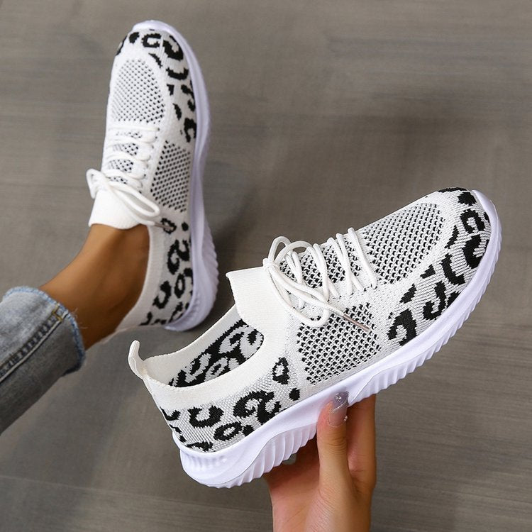Women’s White Leopard Print Lace-Up Sneakers – Trendy Casual Sports Shoes