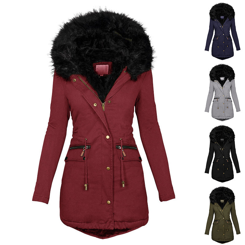 Plush Warm Hooded Parka – Women’s Thick Winter Zip-Up Mid-Length Coat