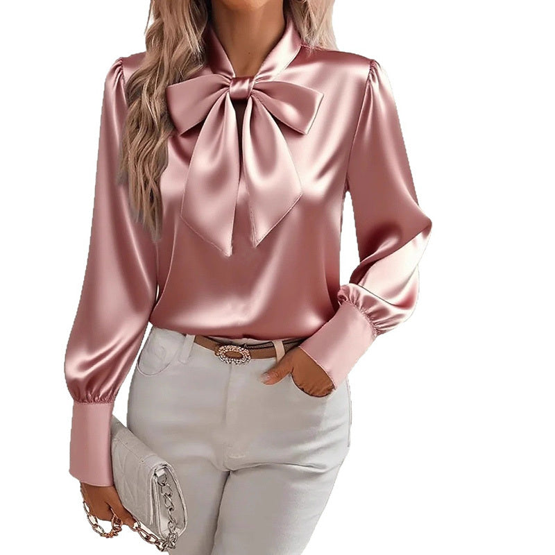 Women’s Satin Long Sleeve Bow-Tie Blouse – Solid Color Casual Top
