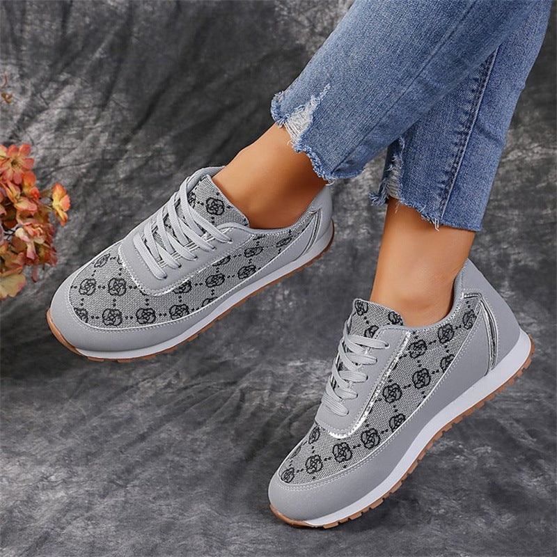 Women’s Flower Print Lace-Up Sneakers – Lightweight Breathable Casual Running Shoes