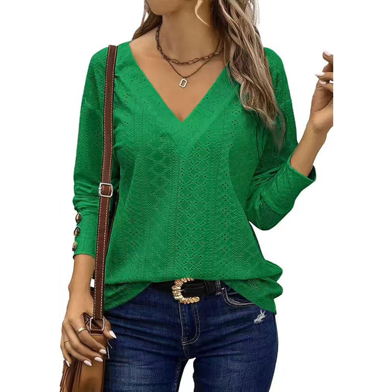 Women’s Eyelet Long Sleeve V-Neck Top – Casual Loose Fall Blouse