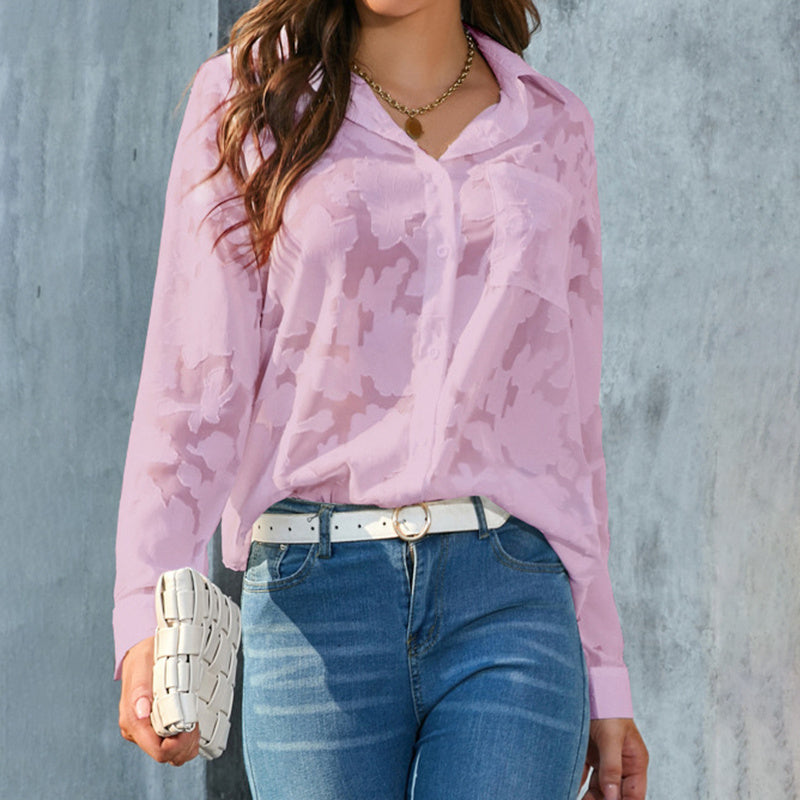 Women’s Sheer Jacquard Button-Down Shirt – V-Neck Long Sleeve Blouse