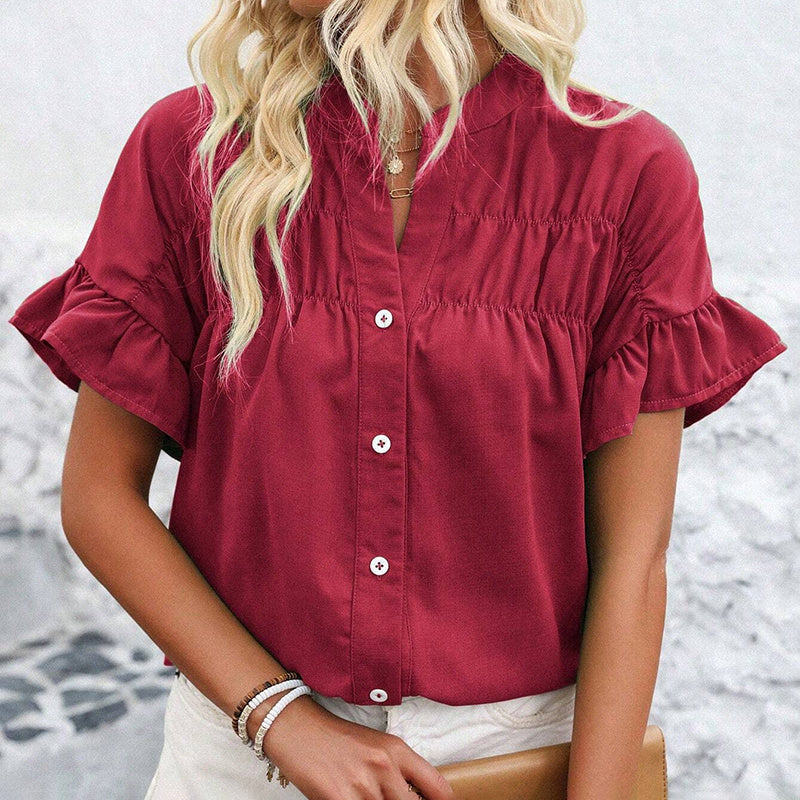 Women’s Ruffle Sleeve Summer Button-Down Blouse – Dressy V-Neck Work Top