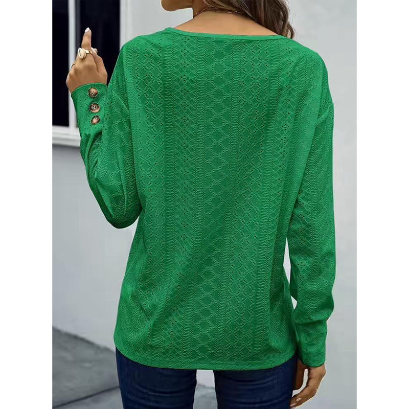 Women’s Eyelet Long Sleeve V-Neck Top – Casual Loose Fall Blouse