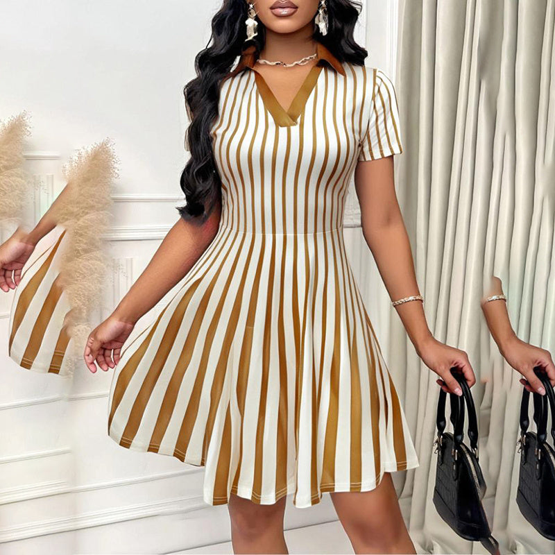 Women’s Striped Polo Dress – Elegant V-Neck Short Sleeve A-Line Summer Dress