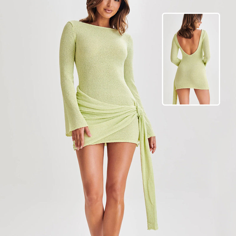 Women’s Long Sleeve Y2K Mini Dress – Sexy V-Shaped Backless Slim Fit