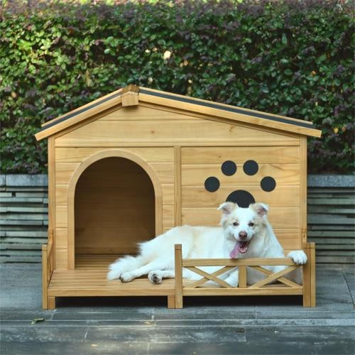 48" Wooden Outdoor Dog House with Porch & Waterproof Roof – Cozy Medium Pet Kennel with Fence