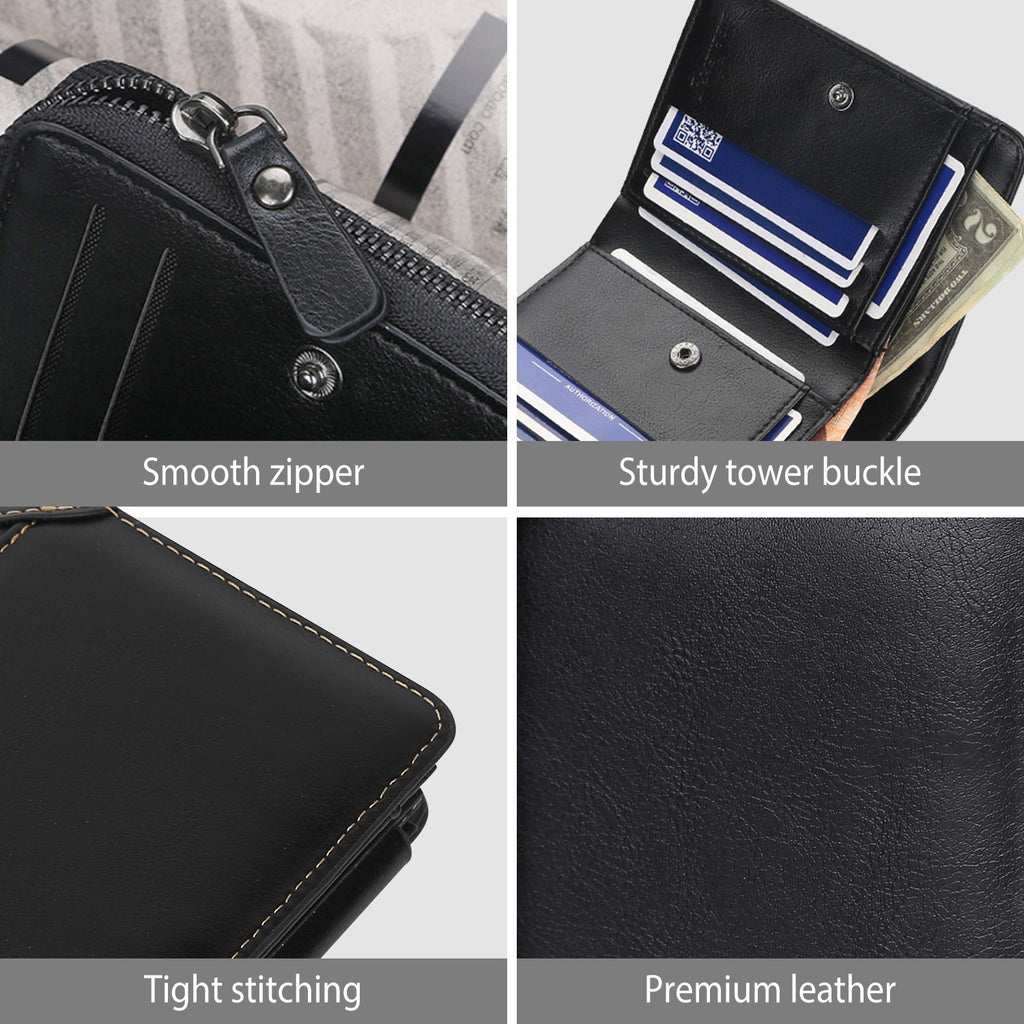 Trifold Leather Wallet with Zipper & 14 Card Slots