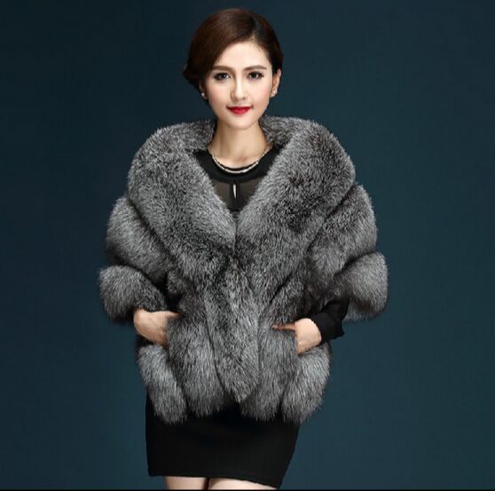 Silver Frost Fox Fur Cape – Women’s Elegant Winter Shawl Coat