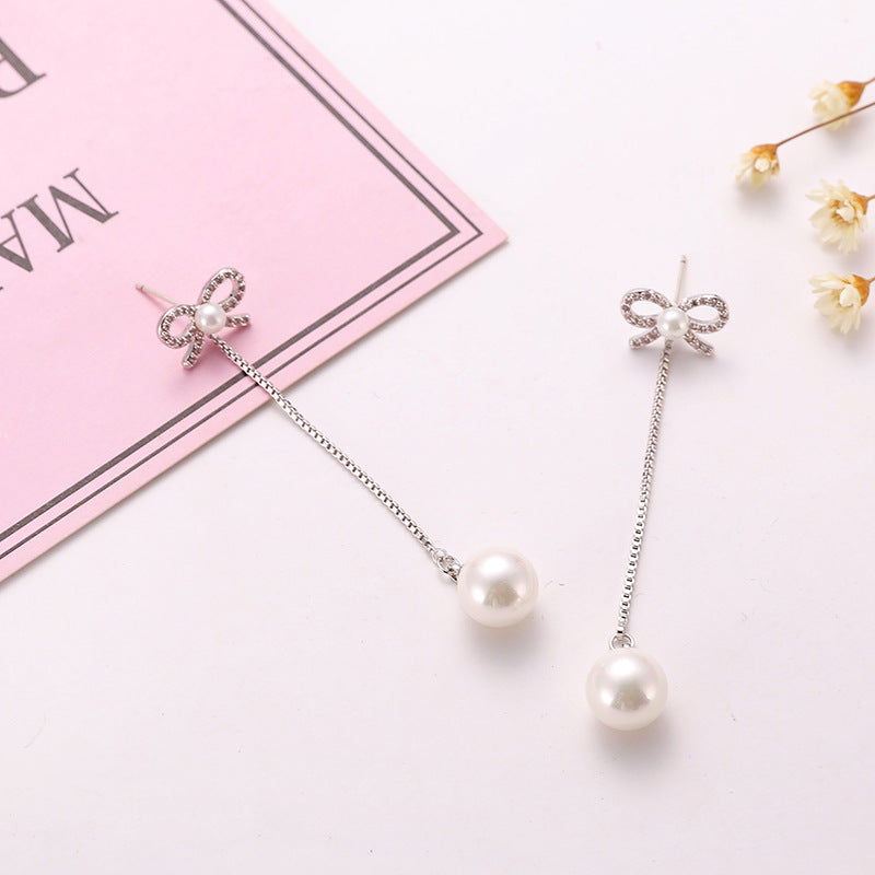 Sterling Silver Long Bow Pearl Earrings – Hypoallergenic Design