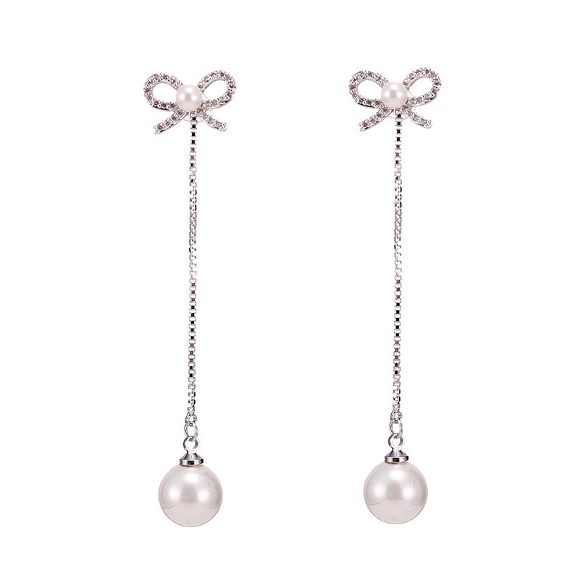 Sterling Silver Long Bow Pearl Earrings – Hypoallergenic Design