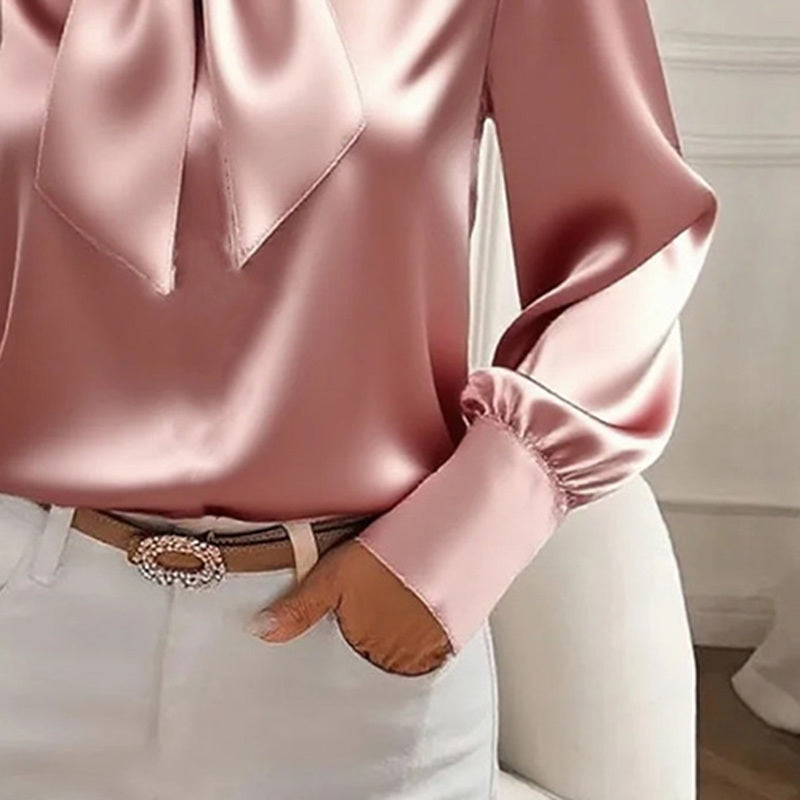 Women’s Satin Long Sleeve Bow-Tie Blouse – Solid Color Casual Top