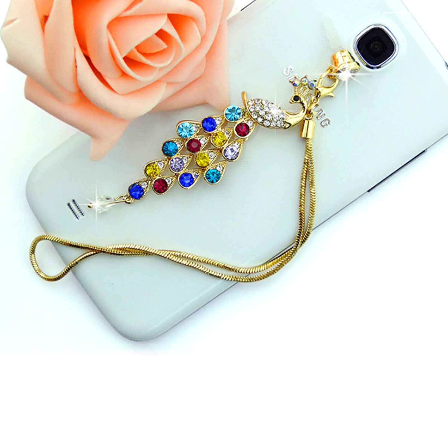 GlamPea Crystal Diamond Peacock Dust Cap Pendant for 3.5mm Phones