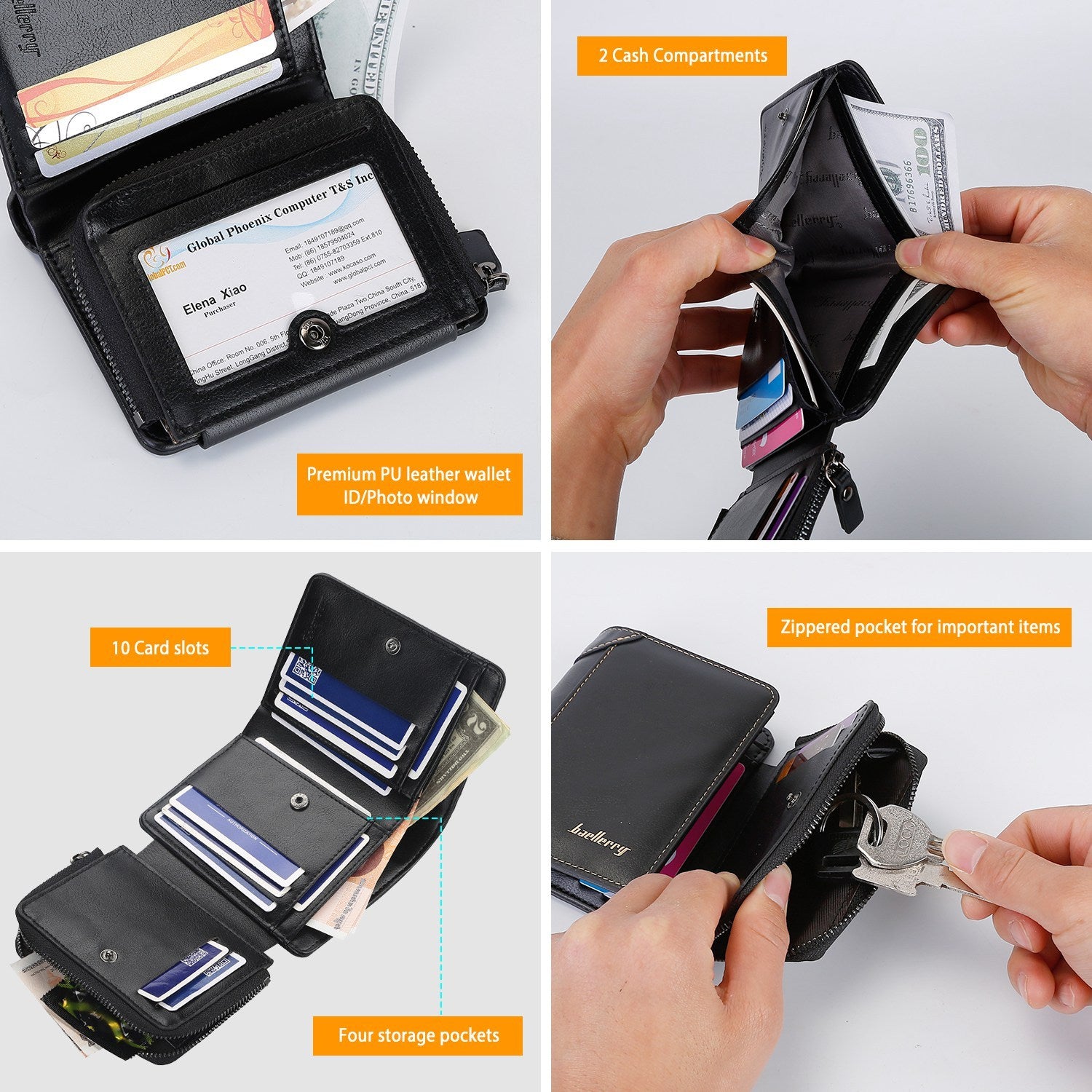 Trifold Leather Wallet with Zipper & 14 Card Slots