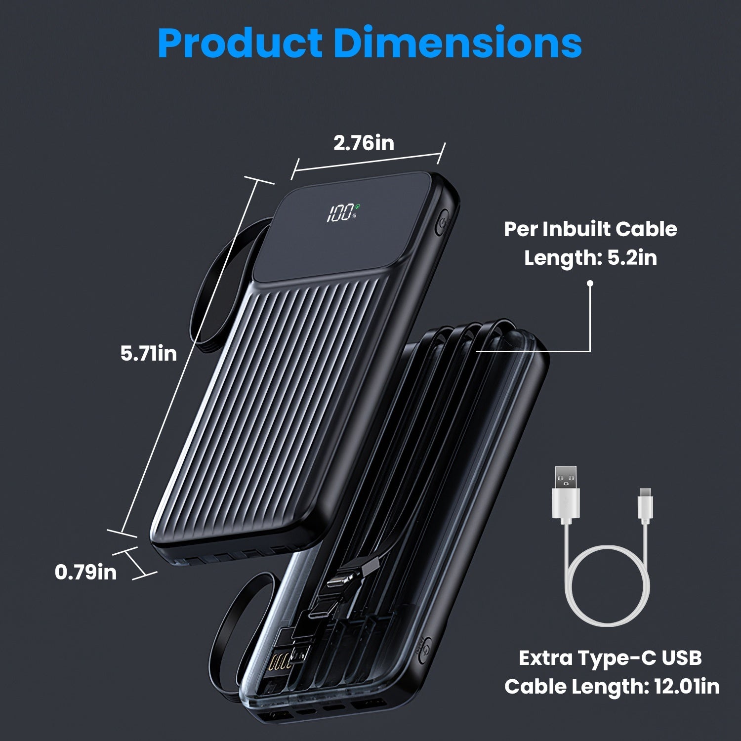 PowerMax PD22W 20000mAh Fast Charging Power Bank with 4 Built-in Cables