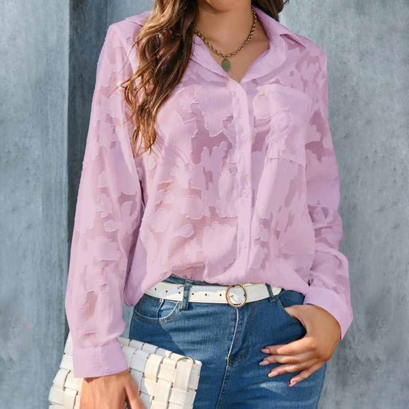 Women’s Sheer Jacquard Button-Down Shirt – V-Neck Long Sleeve Blouse