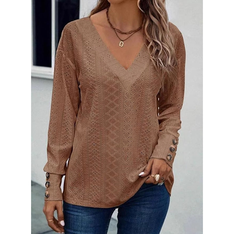 Women’s Eyelet Long Sleeve V-Neck Top – Casual Loose Fall Blouse