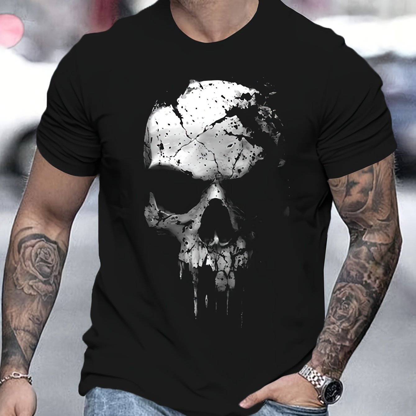 Featuring A 3D Digital Shattered Skull Pattern And A Round Neck Short Sleeved T-shirt