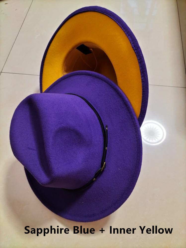 Woolen Top Color Matching Flat Brim Fedora Jazz Hat