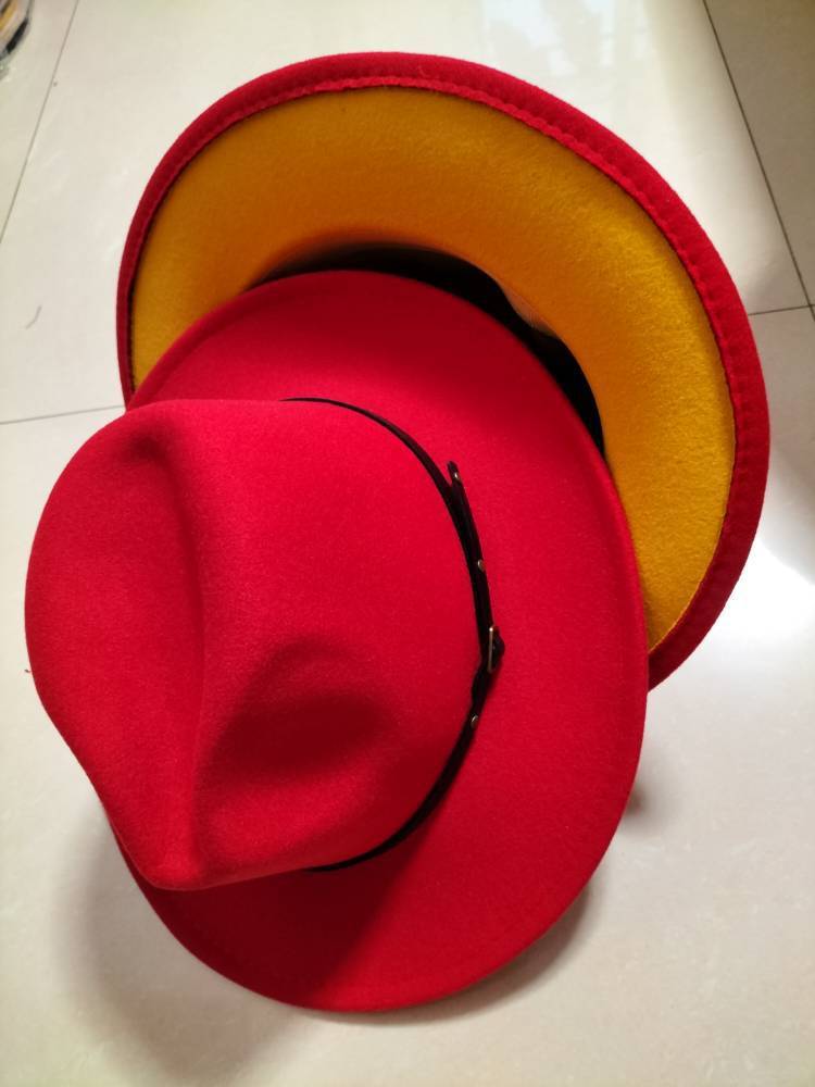 Woolen Top Color Matching Flat Brim Fedora Jazz Hat