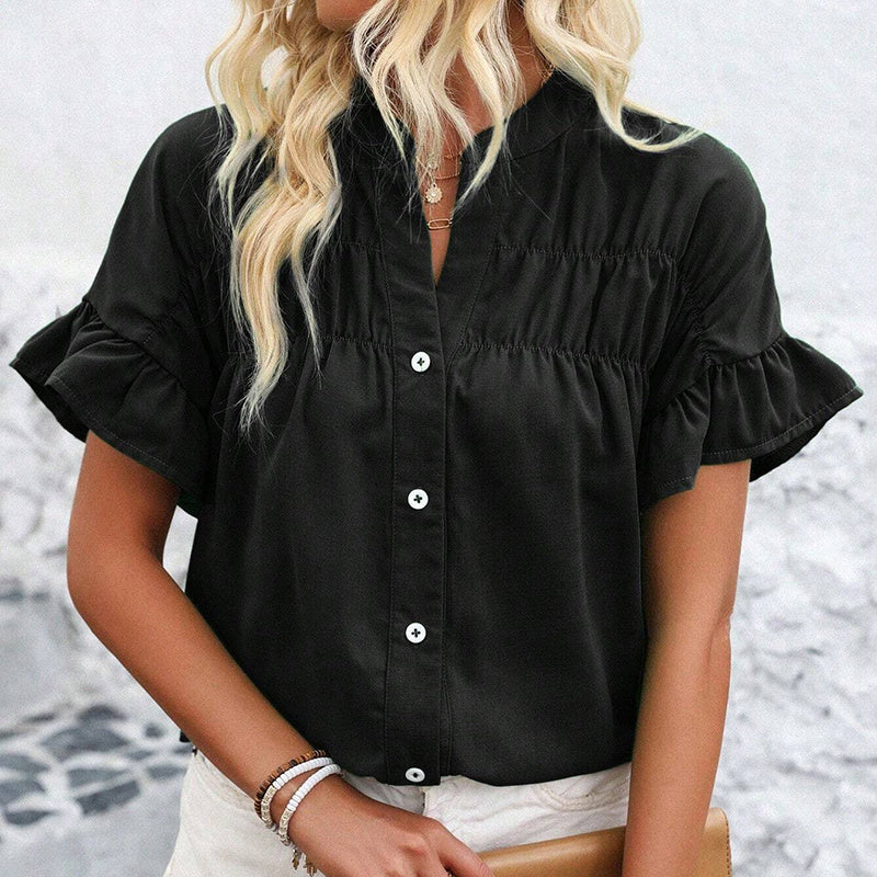 Women’s Ruffle Sleeve Summer Button-Down Blouse – Dressy V-Neck Work Top