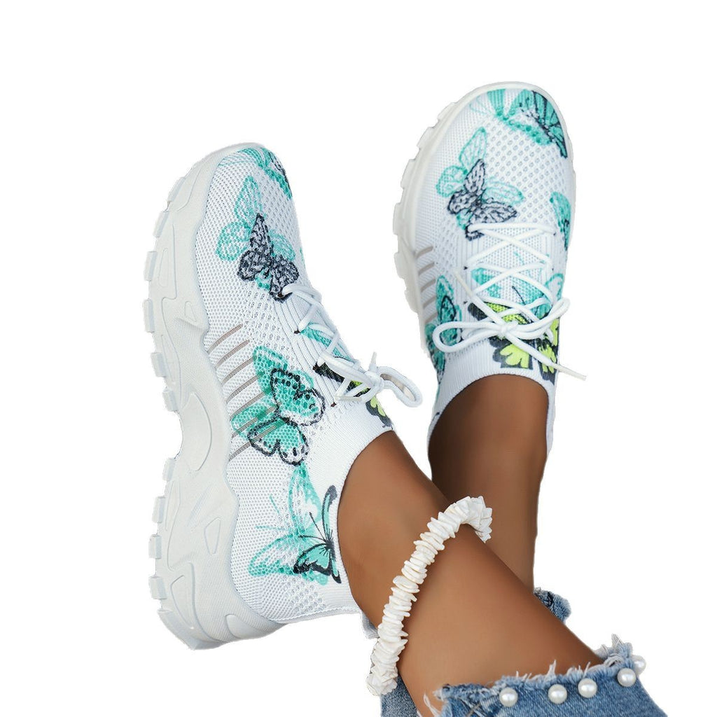 Women’s Butterfly Print Mesh Sneakers – Stylish Flat Heel Running & Walking Shoes