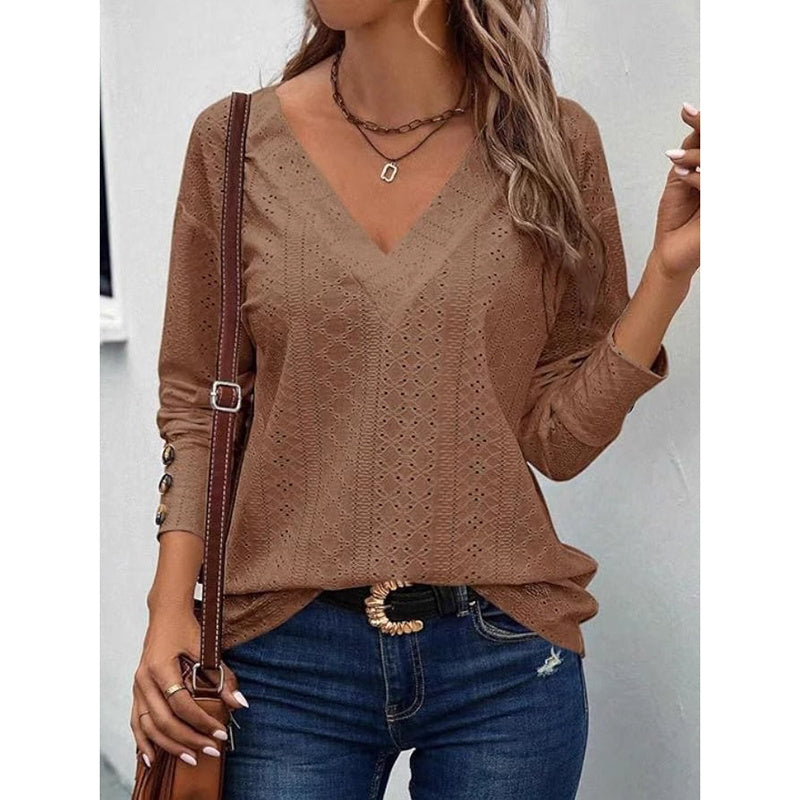 Women’s Eyelet Long Sleeve V-Neck Top – Casual Loose Fall Blouse