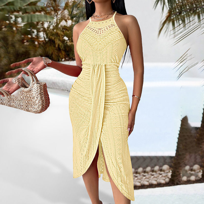 Women’s Halter Neck Ruched Bodycon Dress – Elegant Sleeveless Cocktail Midi Dress