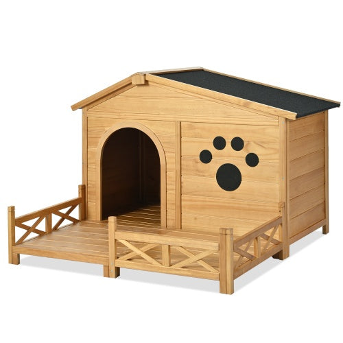 48" Wooden Outdoor Dog House with Porch & Waterproof Roof – Cozy Medium Pet Kennel with Fence