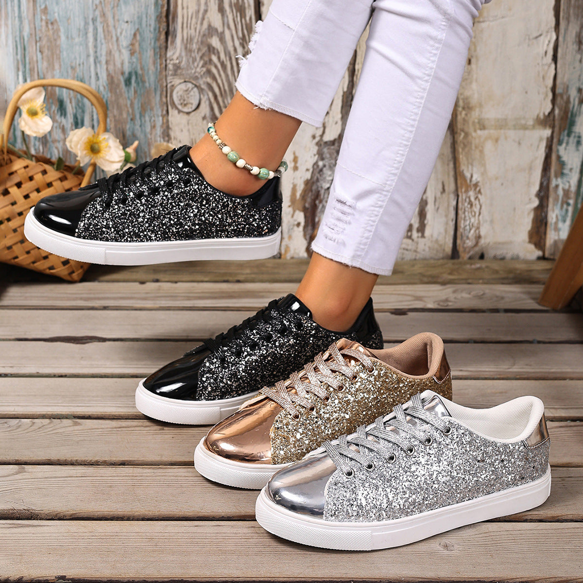 Women’s Plus Size Sequined Lace-Up Sneakers – Shiny Casual Solid Color Board Shoes
