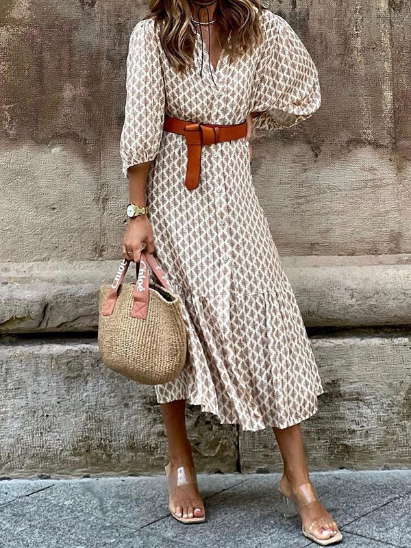 Women’s Printed V-Neck Puff Sleeve Dress – Elegant Temperament Floral Midi Dress