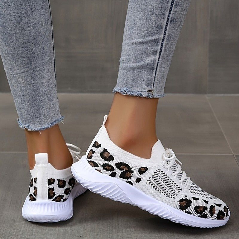 Women’s White Leopard Print Lace-Up Sneakers – Trendy Casual Sports Shoes