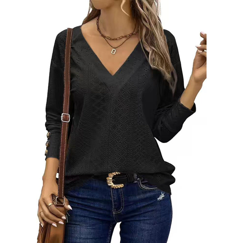 Women’s Eyelet Long Sleeve V-Neck Top – Casual Loose Fall Blouse