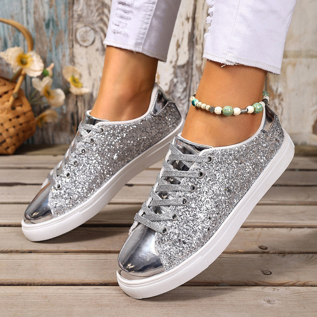 Women’s Plus Size Sequined Lace-Up Sneakers – Shiny Casual Solid Color Board Shoes
