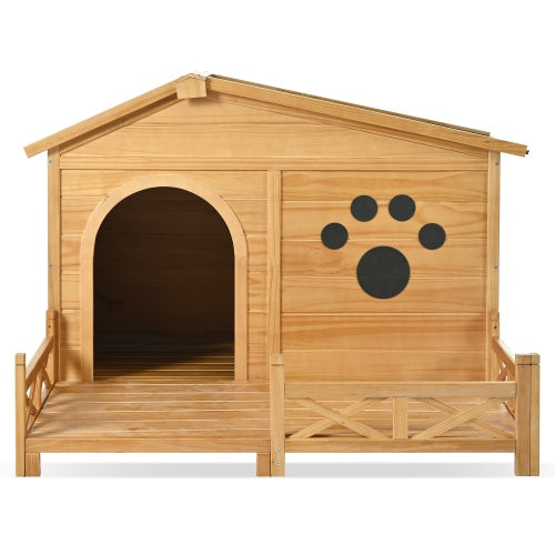 48" Wooden Outdoor Dog House with Porch & Waterproof Roof – Cozy Medium Pet Kennel with Fence