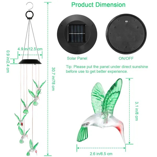 HummiGlow LED Solar Hummingbird Wind Chime Lights (6 LEDs)