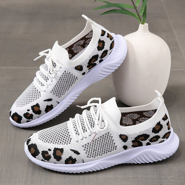 Women’s White Leopard Print Lace-Up Sneakers – Trendy Casual Sports Shoes