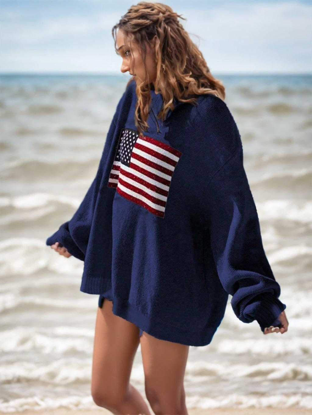 Women’s USA Flag Drop Shoulder Sweater – Long Sleeve Casual Knit Top
