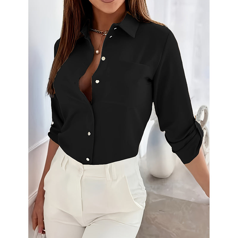 Women’s V-Neck Button-Down Blouse – Rolled Sleeve Dressy Casual Top